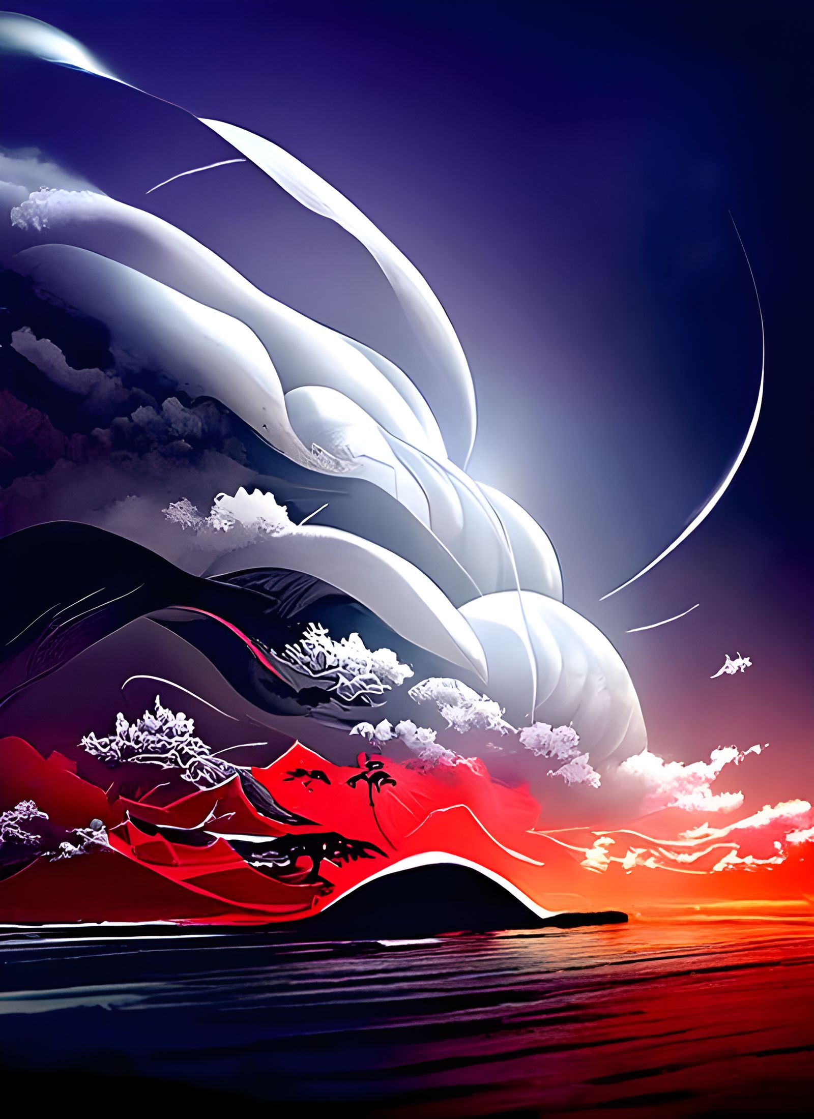 Vibrant Ukiyo-e Coastal Landscape with Silver Line-Work