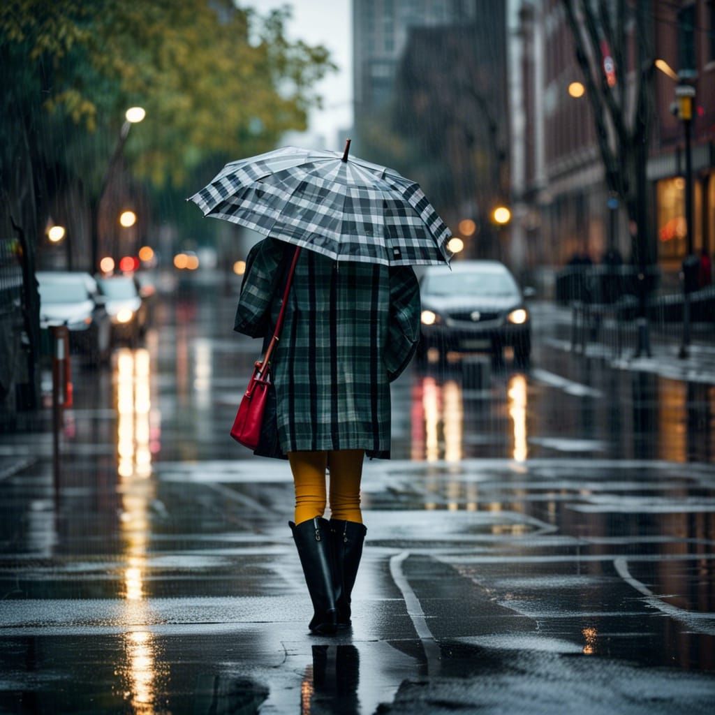 Woman in Plaid Rainwear on Wet City Street