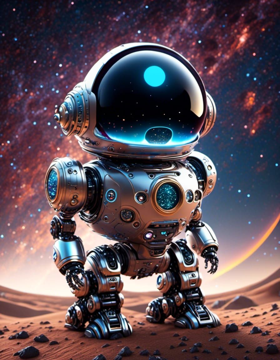 Chibi Robot Balances on Moon in Outer Space