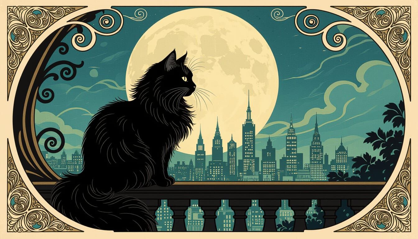 Art Nouveau Black Cat on Moonlit Balcony Overlooking City