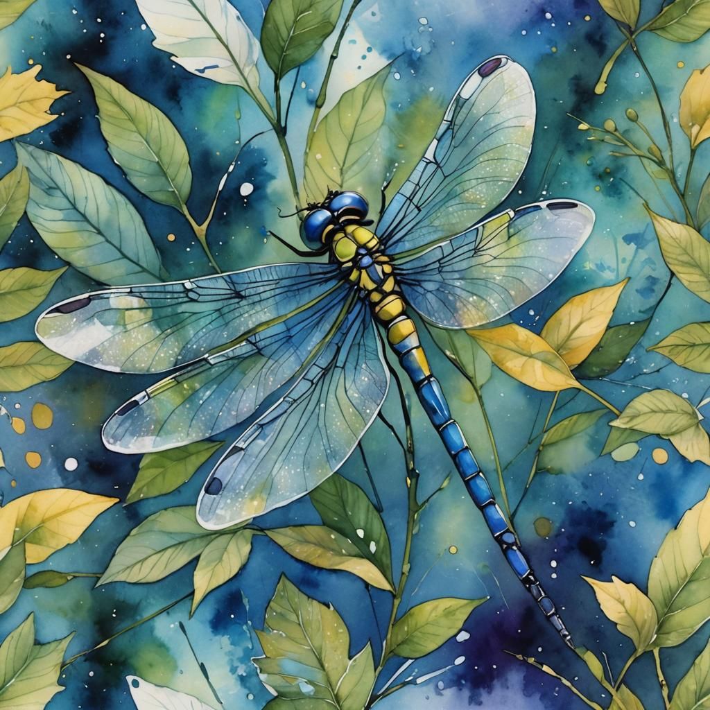 Detailed Watercolor Dragonfly with Abstract Splashes