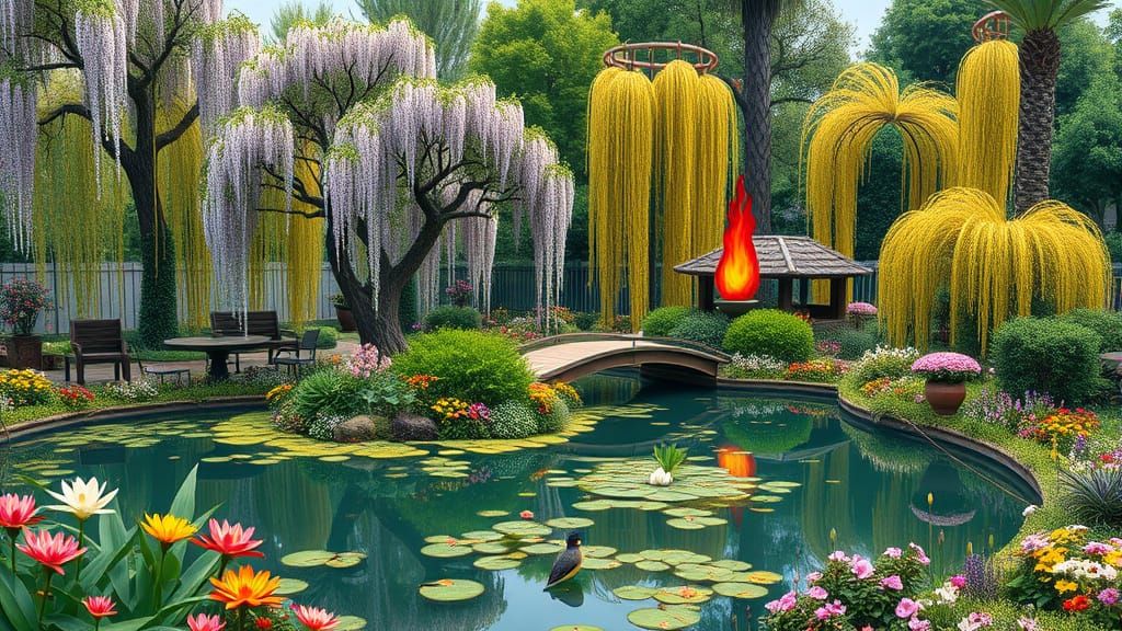Giant Garden Oasis with Flame Tree and Serene Bridge