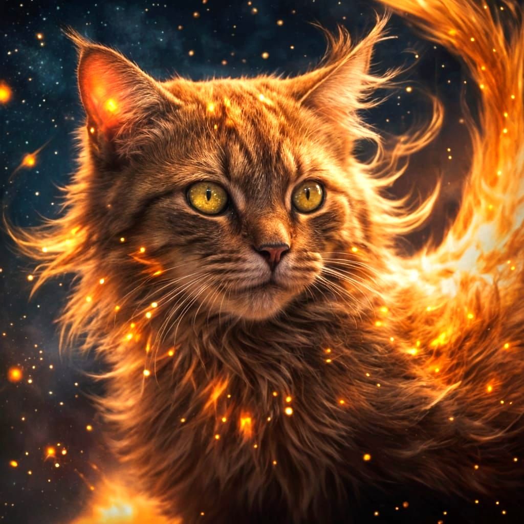 Fiery Cat Soaring Through the Night Sky