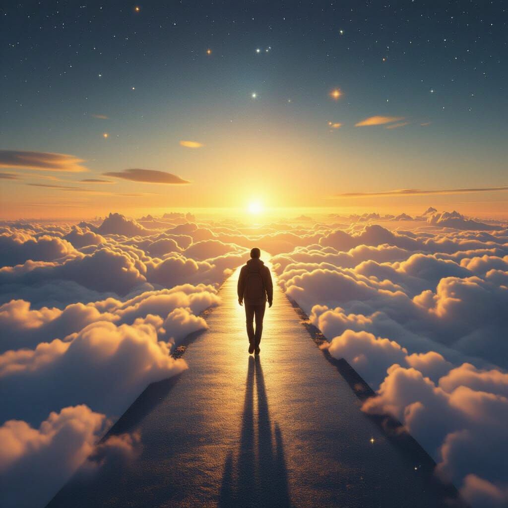 Traveler on Starry Path Amidst Clouds