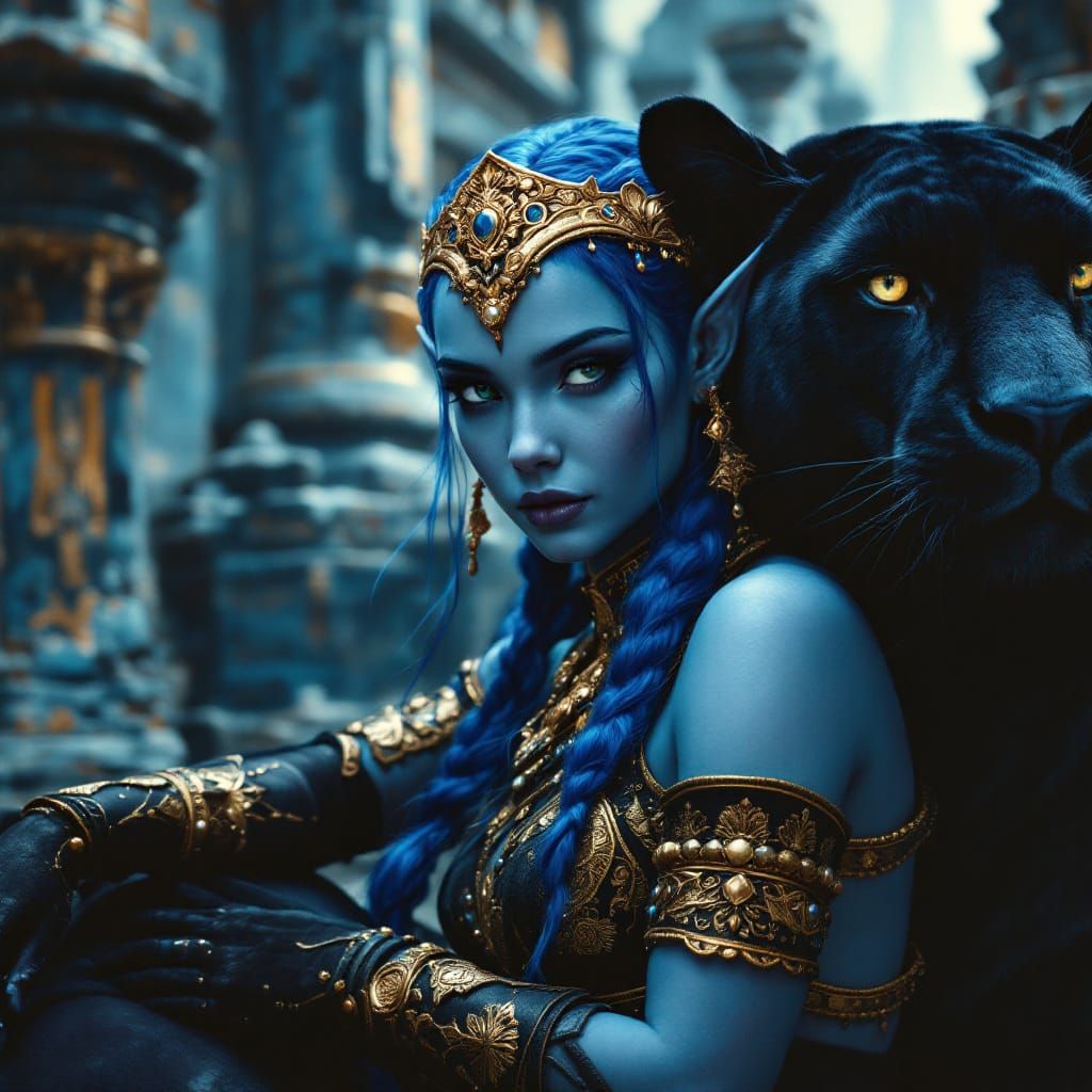Blue Elf with Panther in Fantasy Ruins