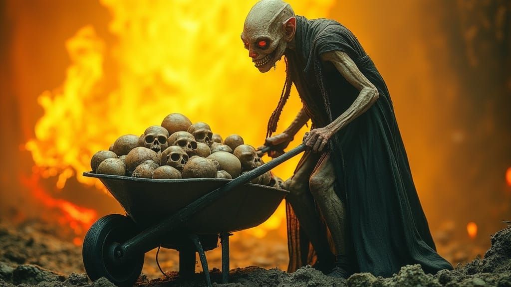 Gollum With Skull Wheelbarrow in Surreal Fantasy Style