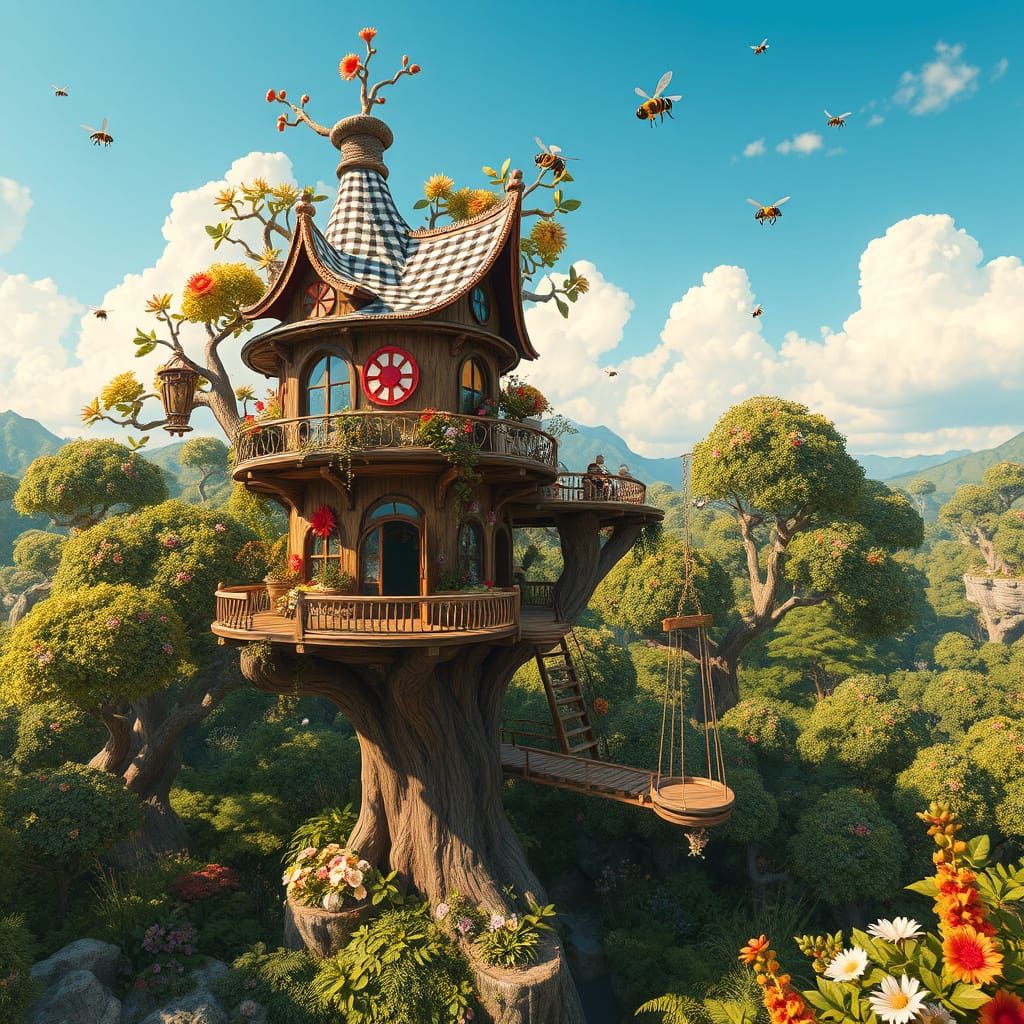 Whimsical Biomorph Treehouse Amidst Lush Forest