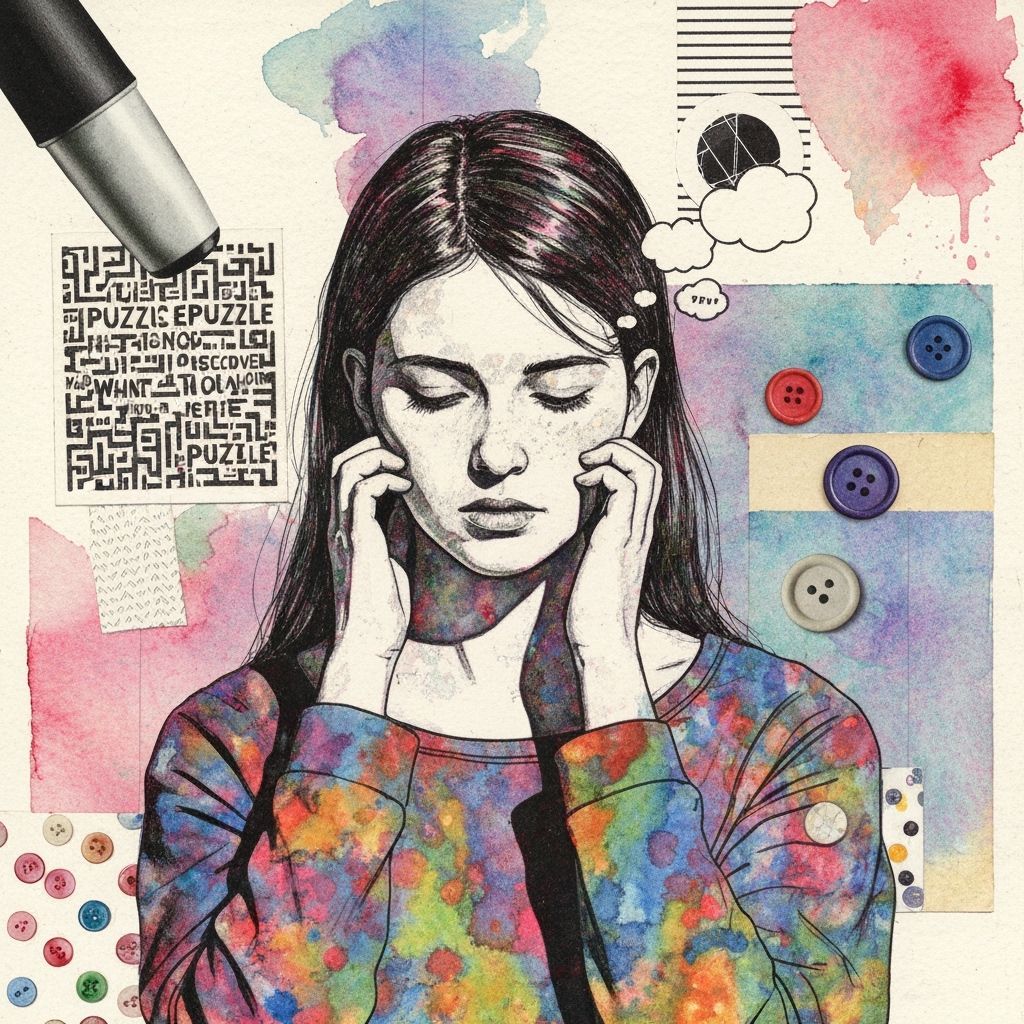 Girl Lost in Abstract Maze Double Exposure Collage Art