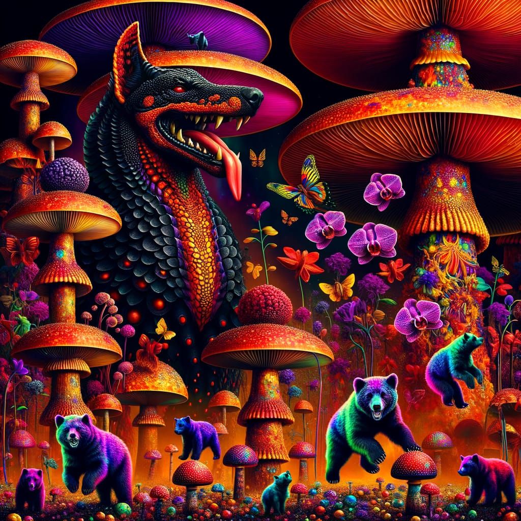 Dragon-Doberman Hybrid in Fungal Orchid Garden