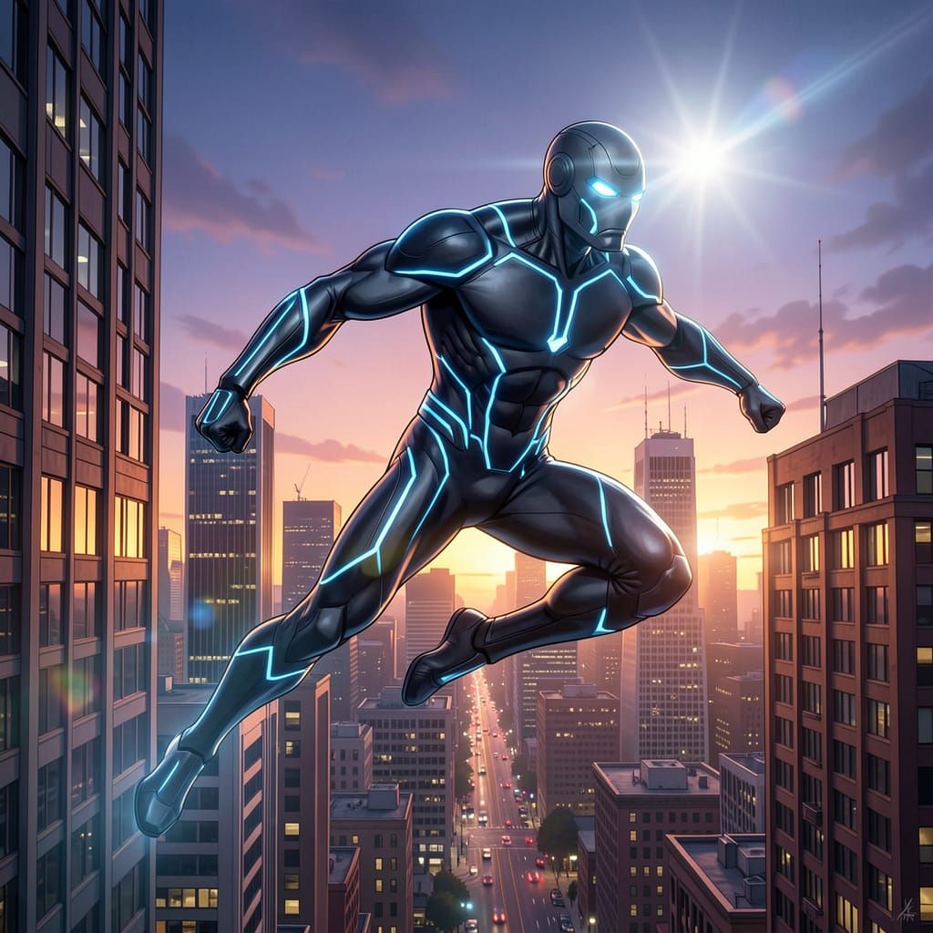 Sputer-Man Leaping Between Skyscrapers in Futuristic Suit