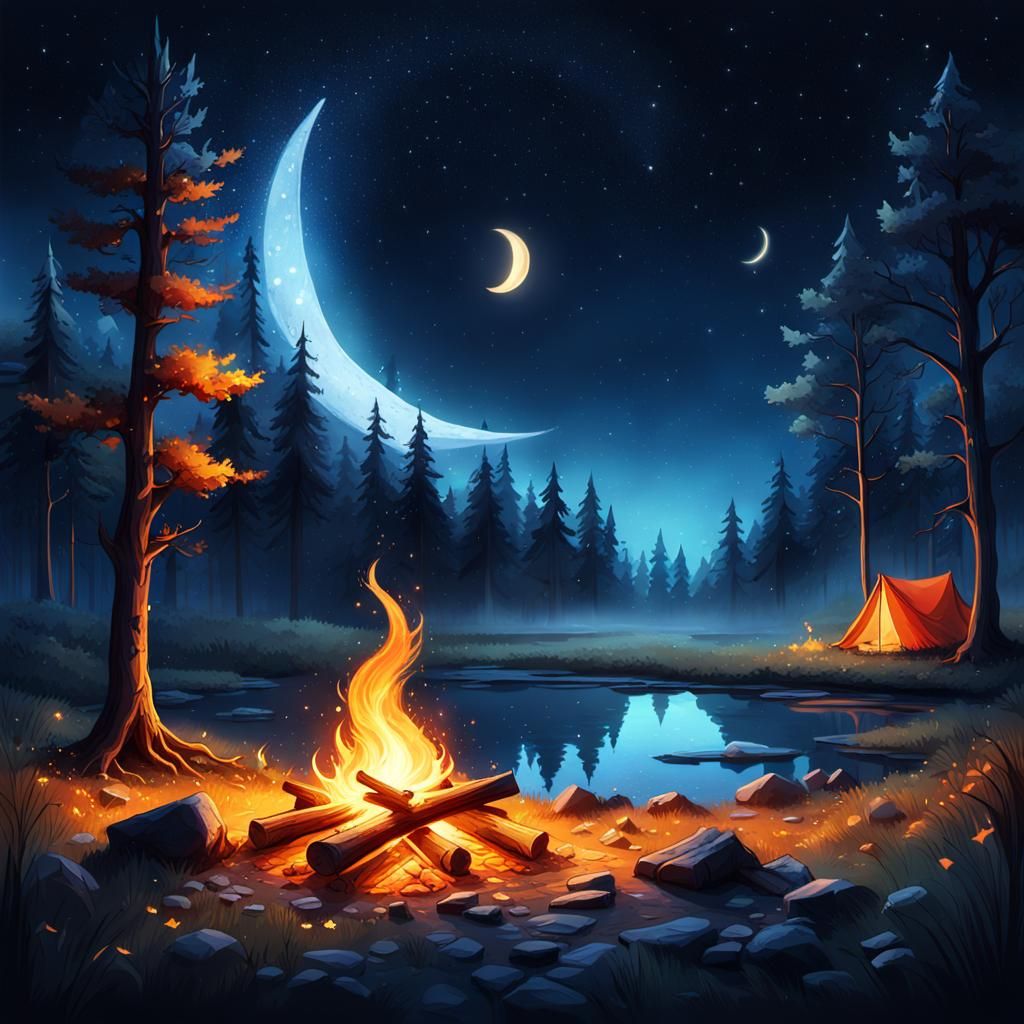 Campfire Under Starry Sky: Fantasy Concept Art