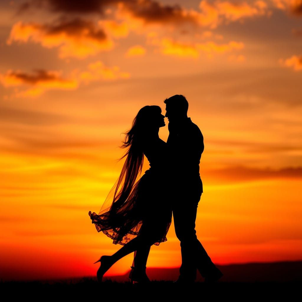 Couple Dancing Against Vibrant Sunset