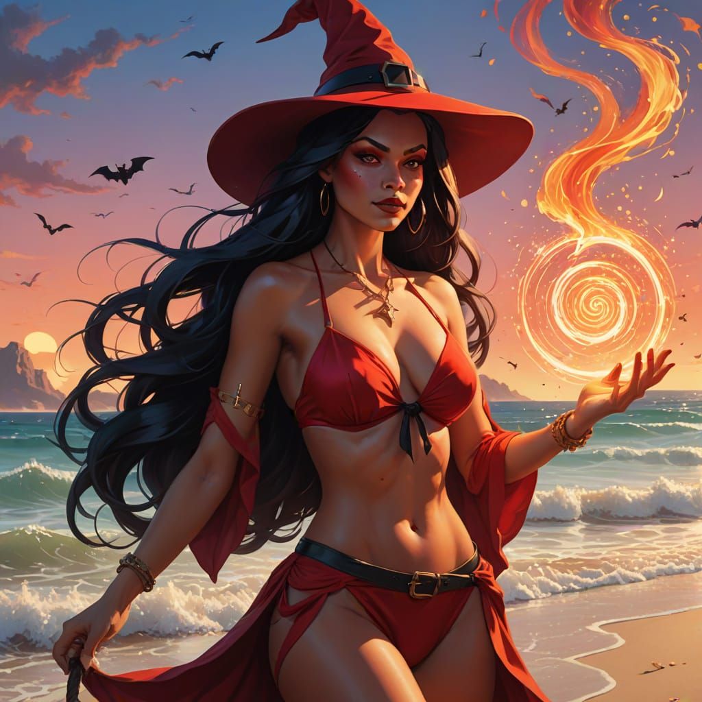 Sultry Beach Sorceress in Vibrant Digital Art