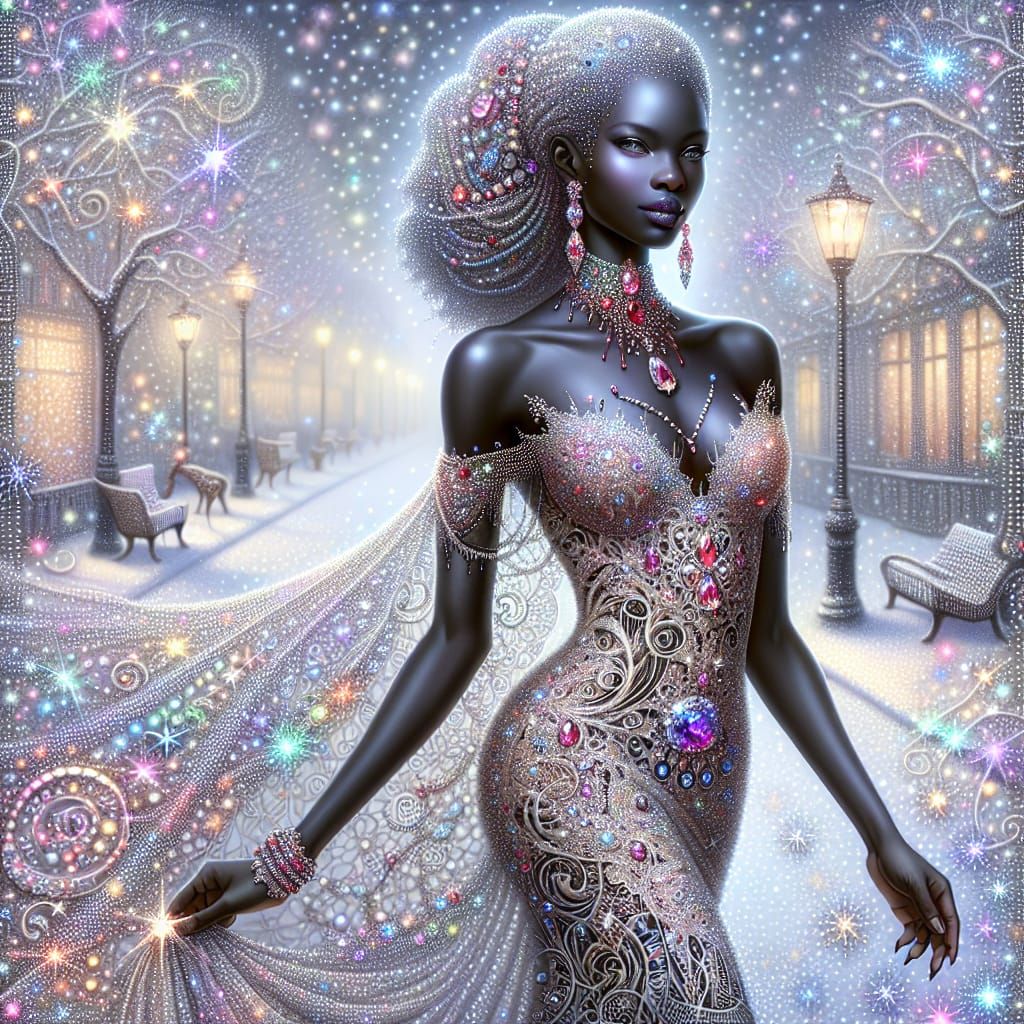 Vampire Queen in Jewel-Adorned Gown on Snowy Street