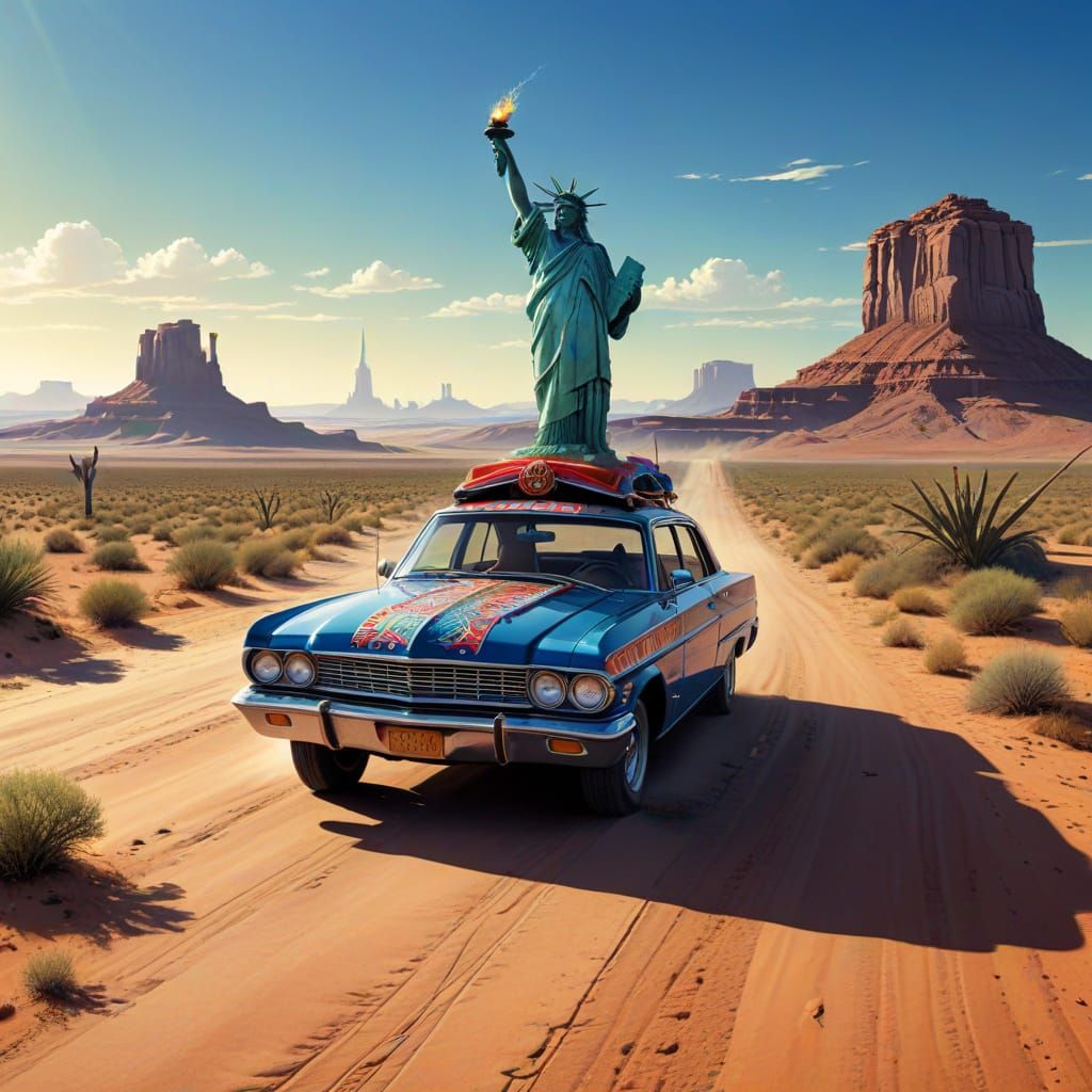 Surreal Desert Road with Statue of Liberty and Sombrero-Wear...