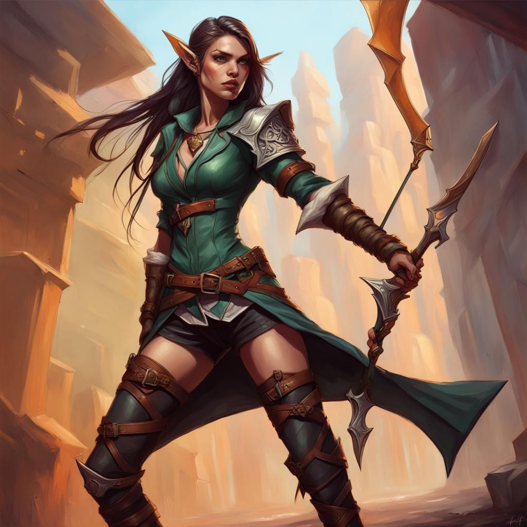 Half-Elf Rogue with Bow, Hyperrealistic Art