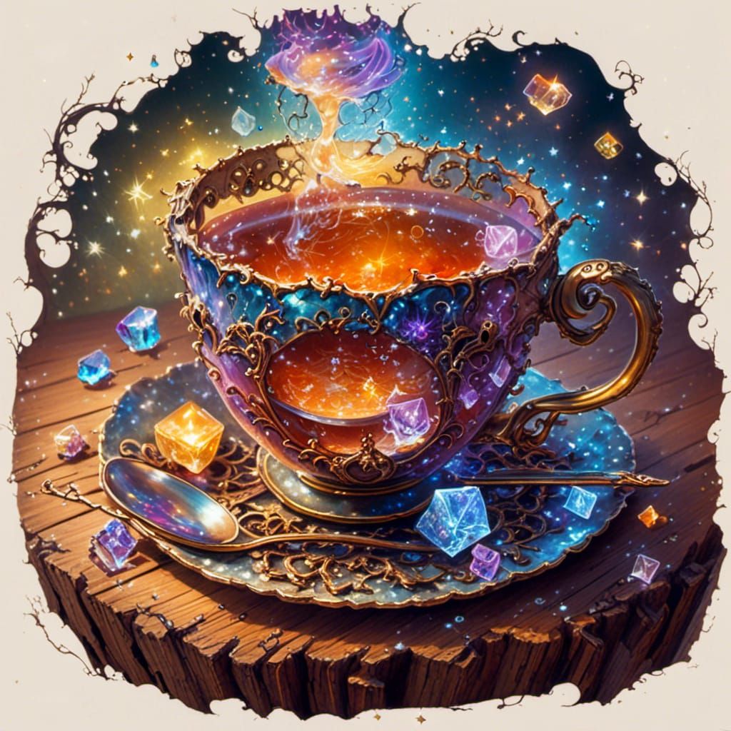 Crystalline Teacup with Fairy Lights, Digital Art