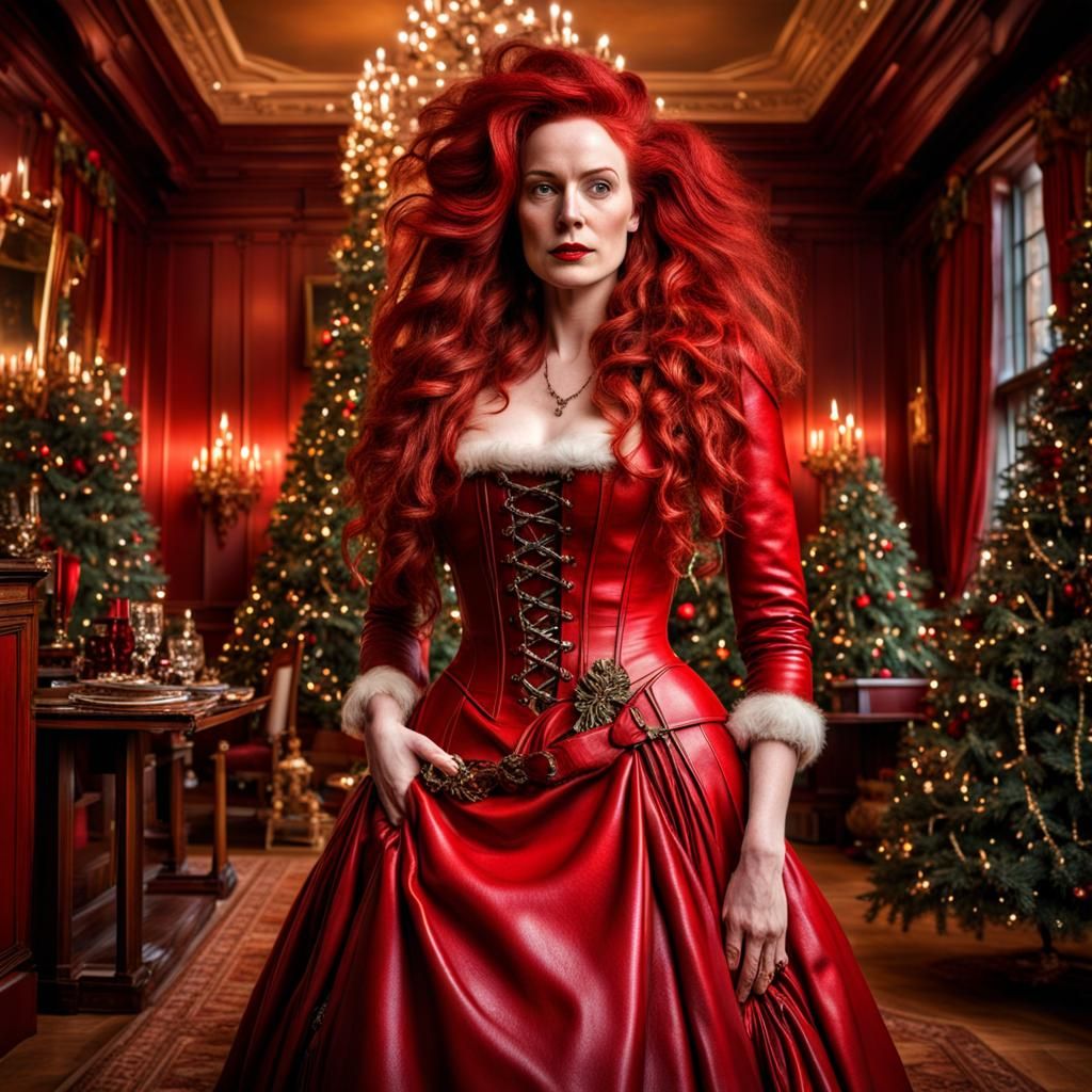 Young Woman in Red Gown at Christmas, Hyperrealistic