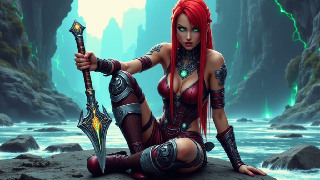 Anime Viking Woman with Red Braids and Fiery Green Eyes