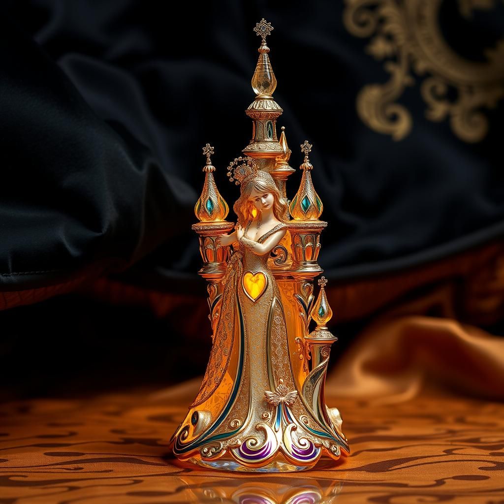 Enameled Glass Castle Figurine in Dramatic Lighting