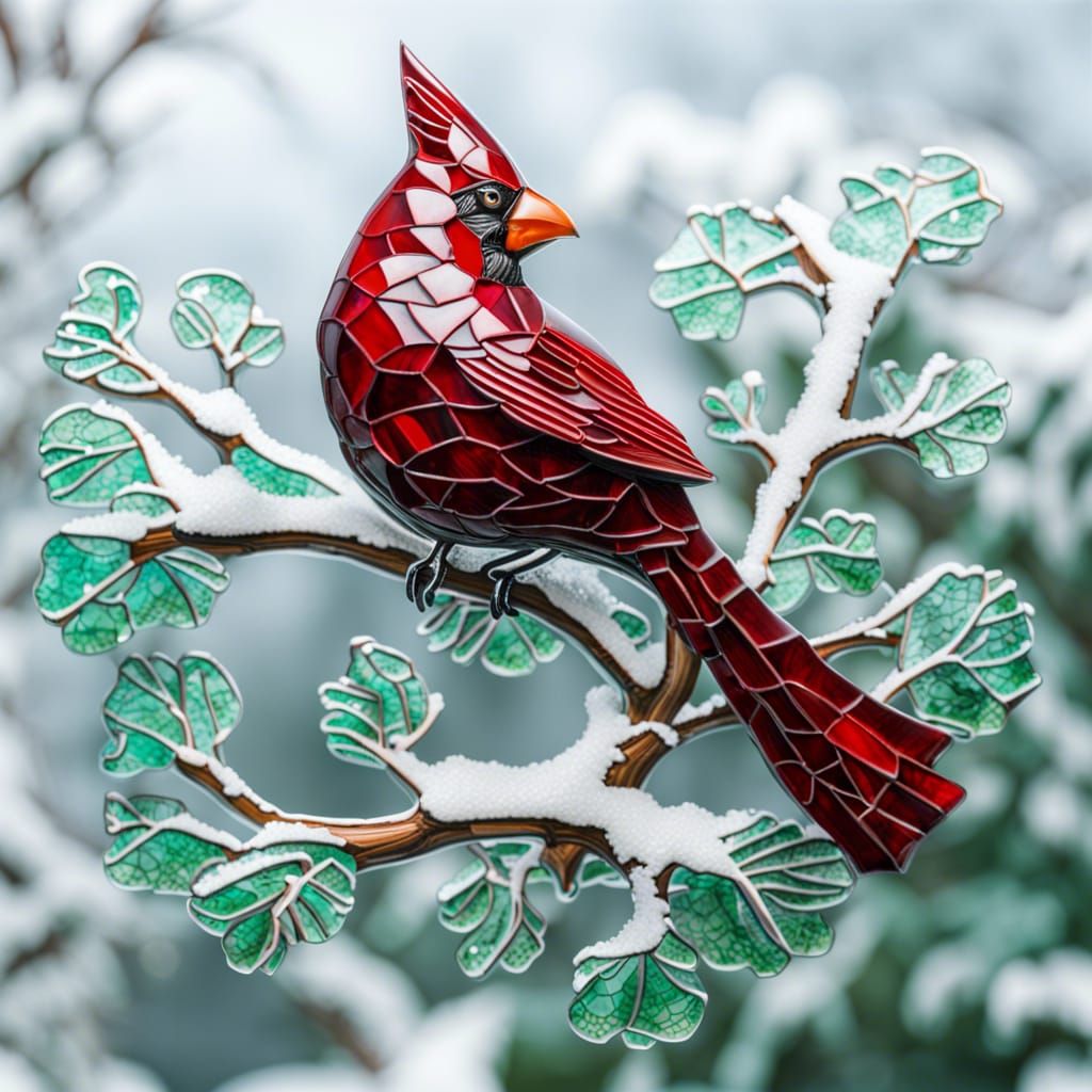 Stained Glass Cardinal on Snowy Branch