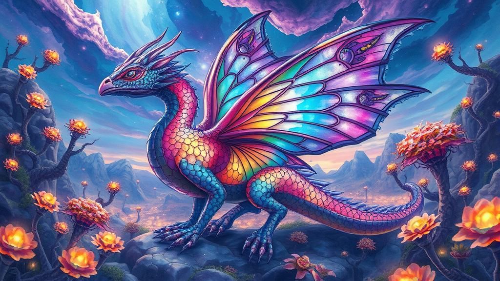 Iridescent Dragon-Butterfly in Alien Landscape