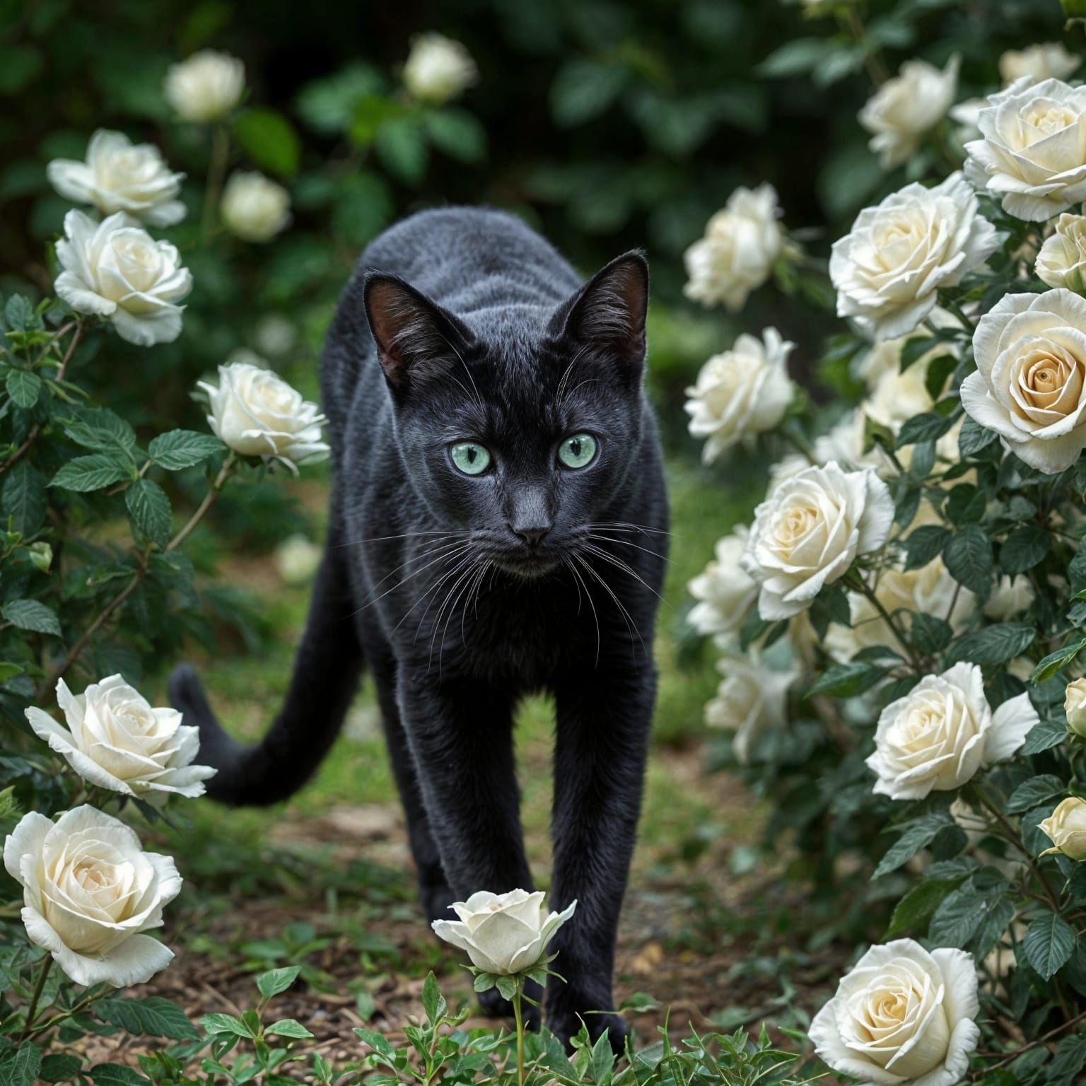 Emerald Black Cat Strolls Through a Garden of White Roses in...