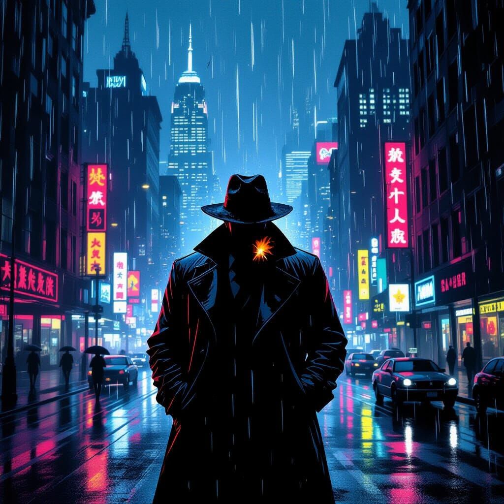Noir Detective in Rainy Cityscape, Sin City Style