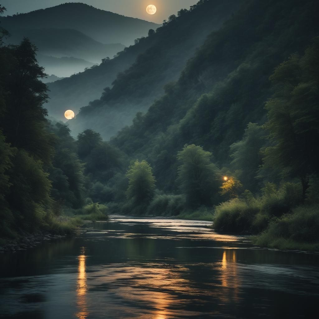 Full Moon Over Winding River in Lush Landscape