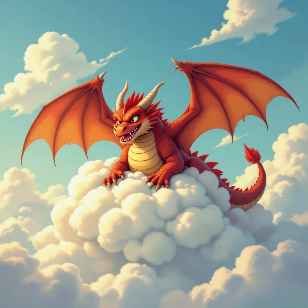 Dragon's Comical Tumble: Wings Caught in Fluffy Cloud