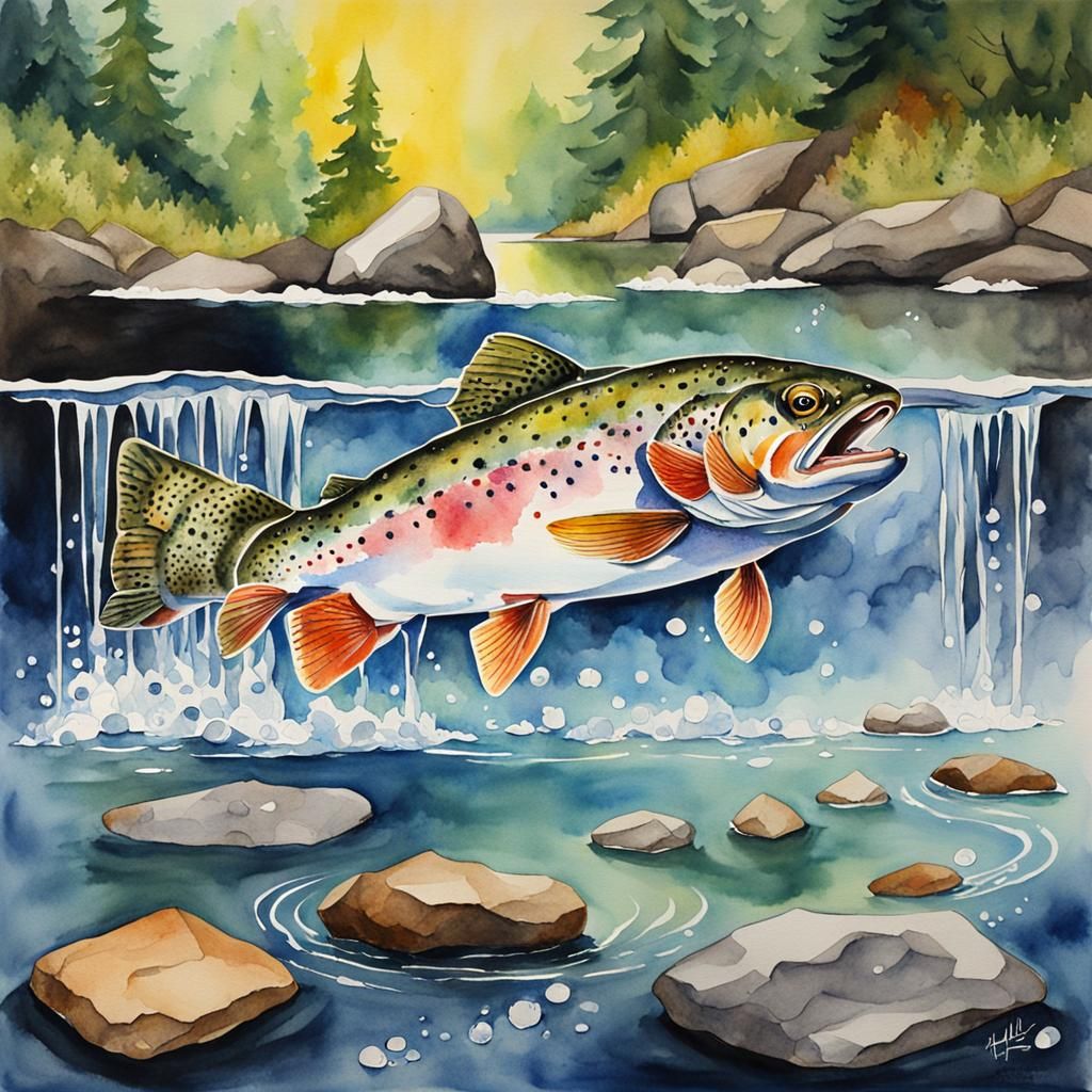 watercolor painting Rainbow Trout leaping out of a crystal-c...