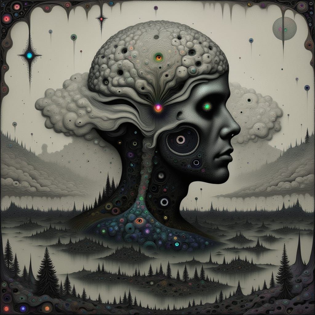 Surrealistic Brain Landscape in a Haunting, Dark Style