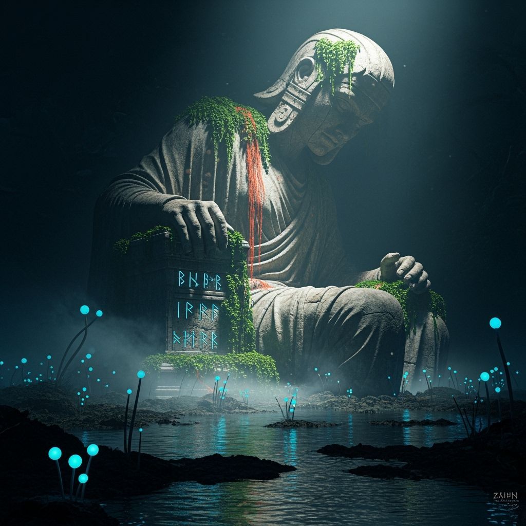 Ancient Swamp Statue in Ethereal Mist