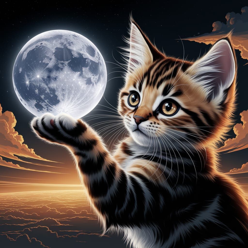 A Golden Kitten Plucks the Full Moon in Digital Art