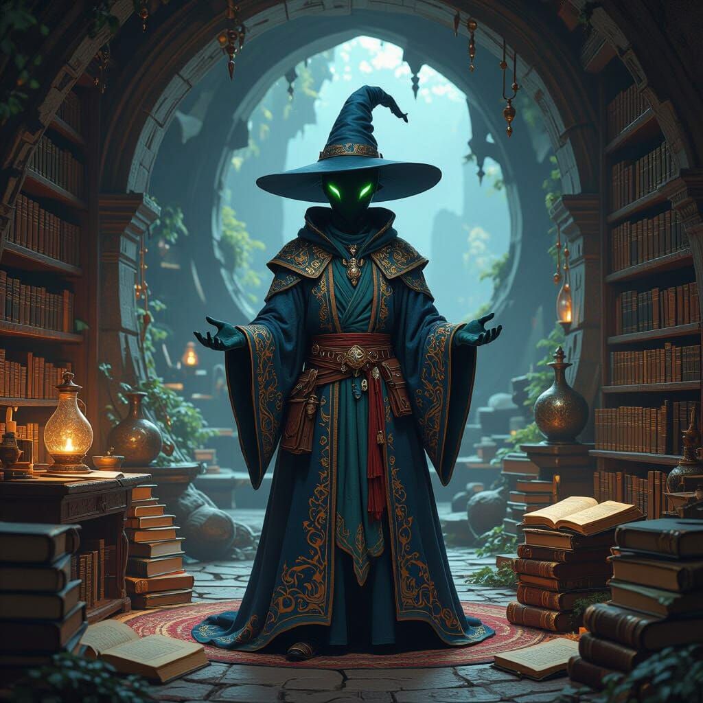 Dragon Wizard in Cavernous Library, Fantasy Art