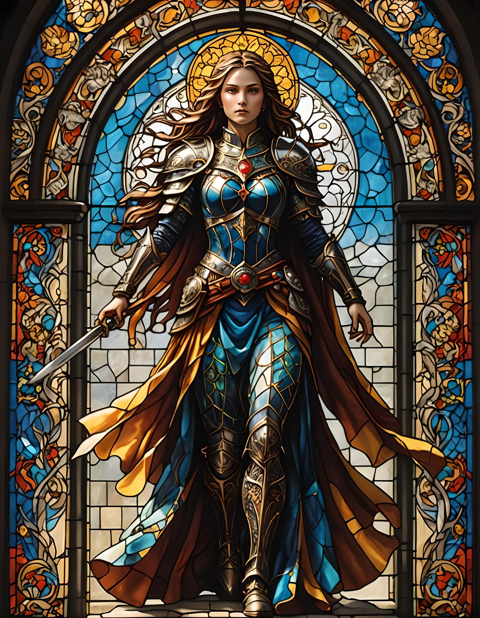 A stained glass window depicting a majestic female warrior