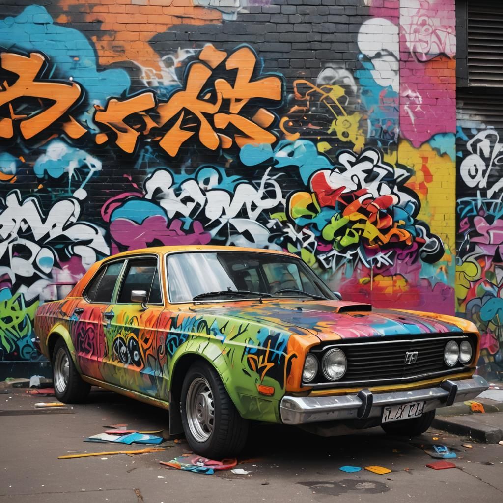 Car Beside Graffiti Wall in Street Art Style