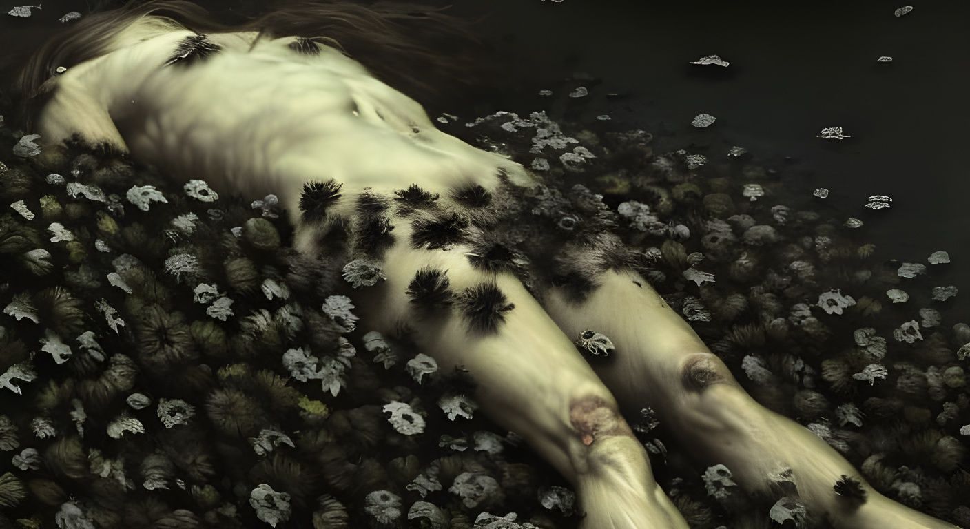 Black Flowers Adorn Corpse on Beach: Photorealistic Art