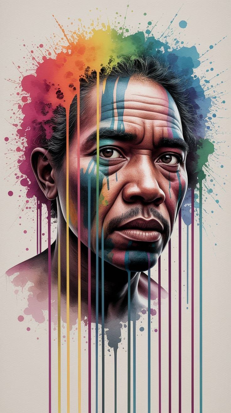 Watercolor Close-Up of Aboriginal Face with Dripping Paint