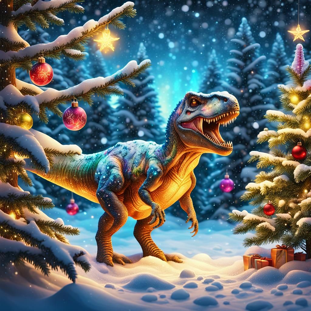 T-Rex Decorating a Christmas Tree in Winter Wonderland