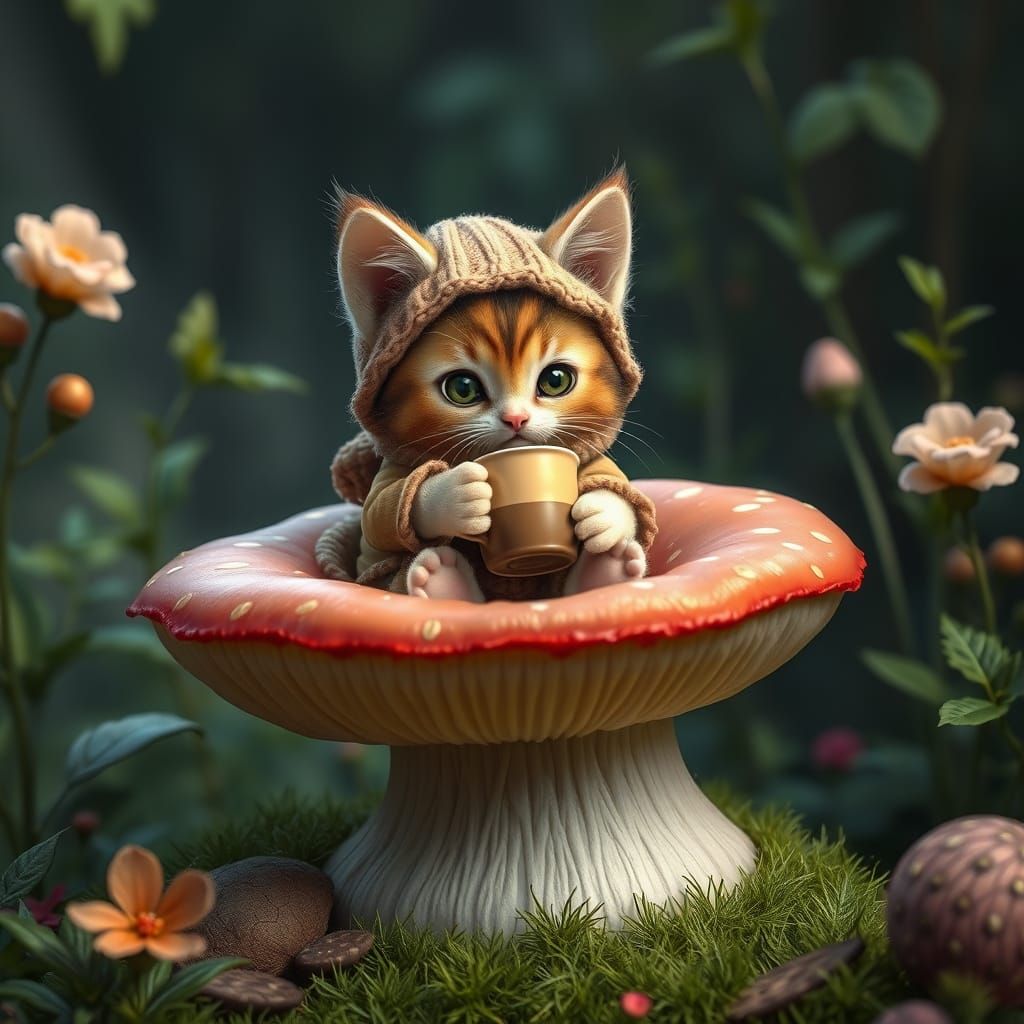 Enchanted Feline Sips Morning Brew Amidst Lush Fantasy Lands...
