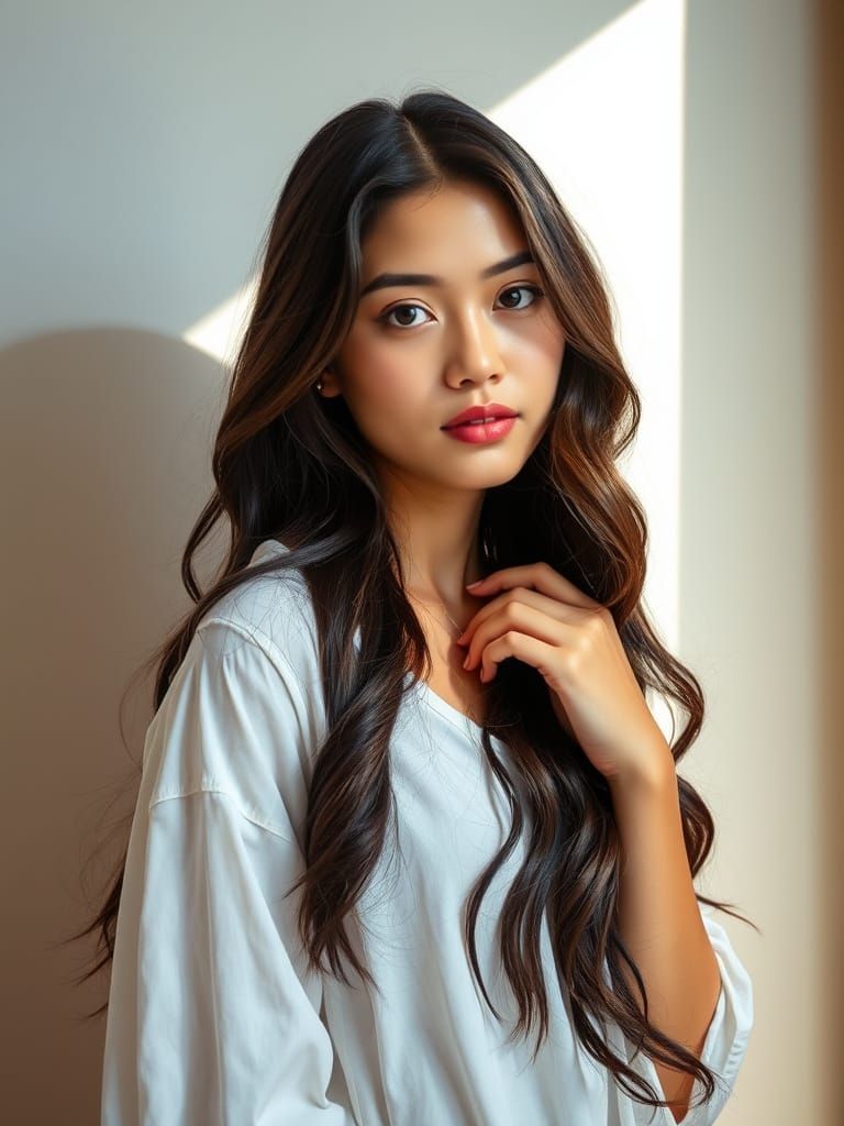 Young Woman in Relaxed Pose with Wavy Hair