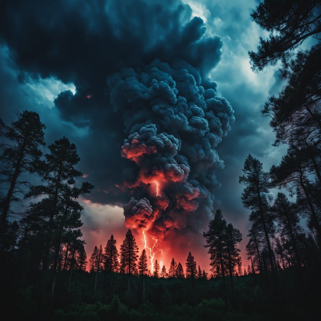Red and Blue Fire Lightning Storm Over Dark Forest