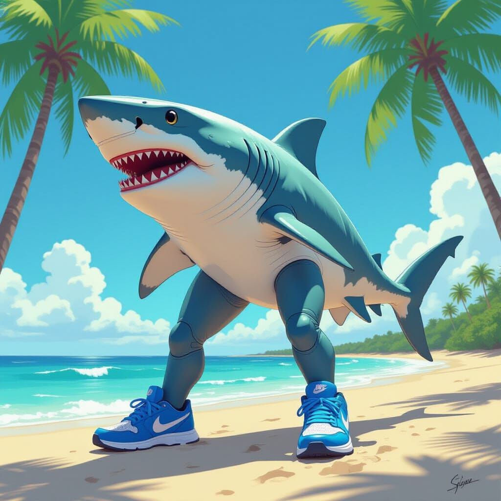 Shark with Sneakers on a Sunny Beach