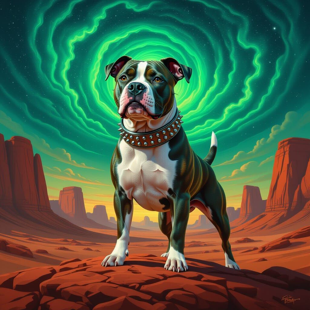 Celestial Pitbull in Alien Landscape, Dark Fantasy Art