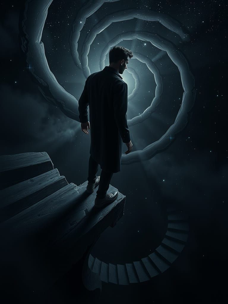 Surreal Figure on Infinite Staircase in Unreal Engine Style