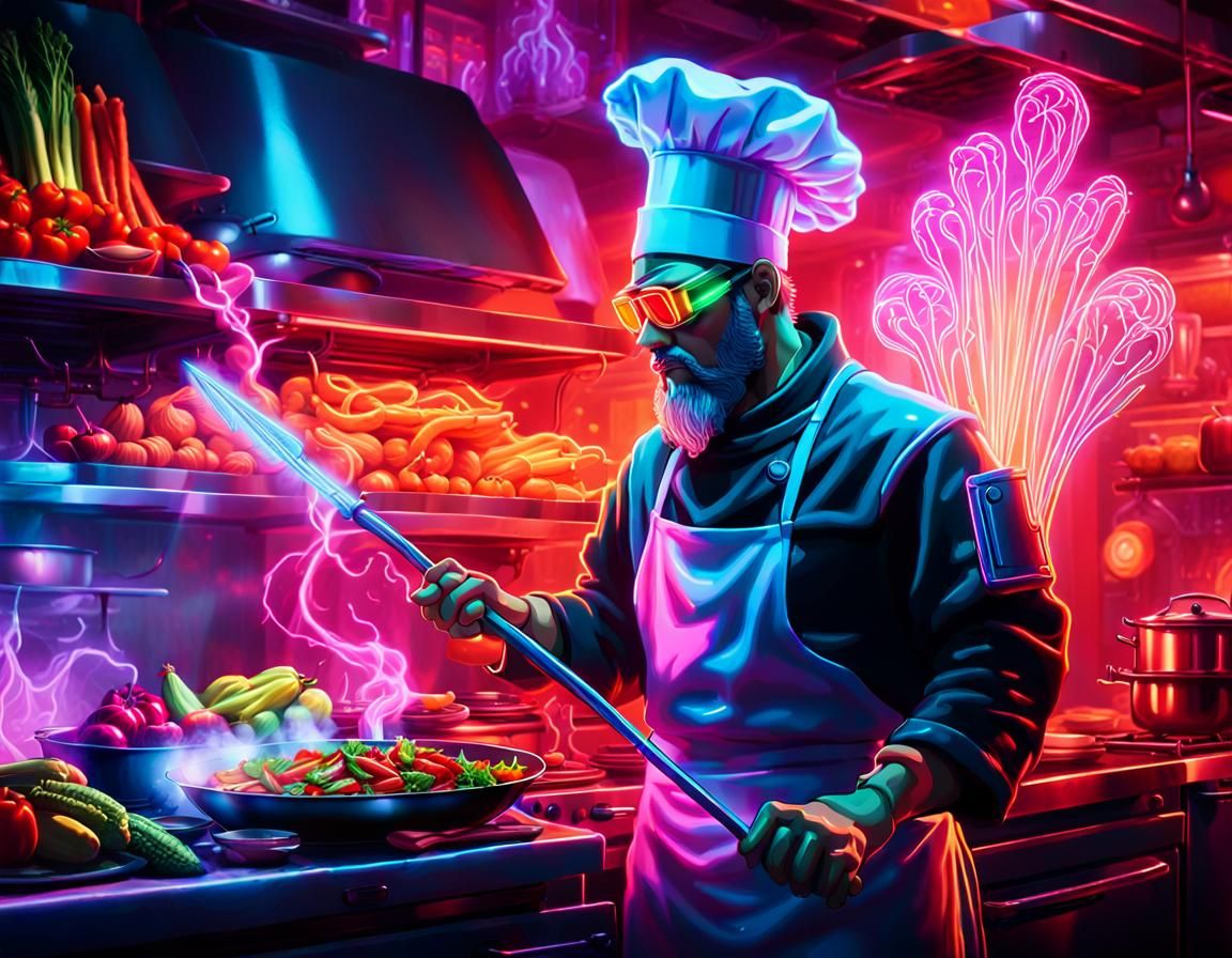 Cyberpunk Chef Cooking in Futuristic Kitchen