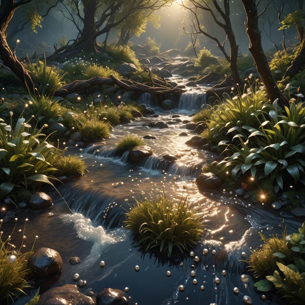 Sunlit Stream and Dewy Web in Detailed Matte Painting