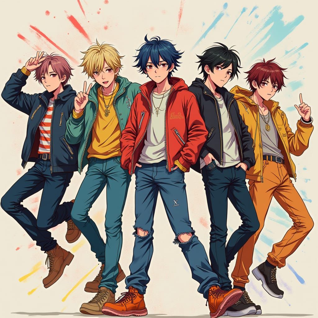 Youthful BTS Group in Vibrant, Eclectic Anime Key Visual Sty...