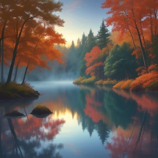 Realistic Autumn Forest Lake at Dusk Digital Painting